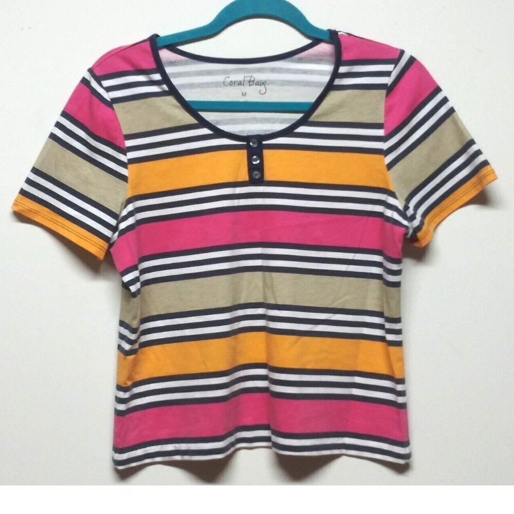 Coral bay womens top t shirt striped multicolor pink yellow Sz M short sleeve